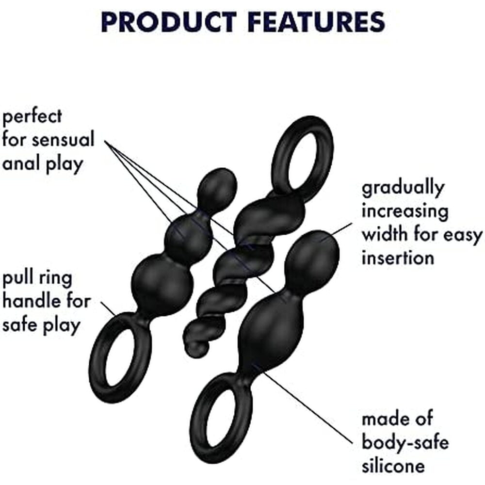 Black silicone anal toy with features highlighted on a white background