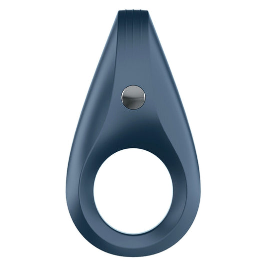 Blue dog collar with a silver button on a white background