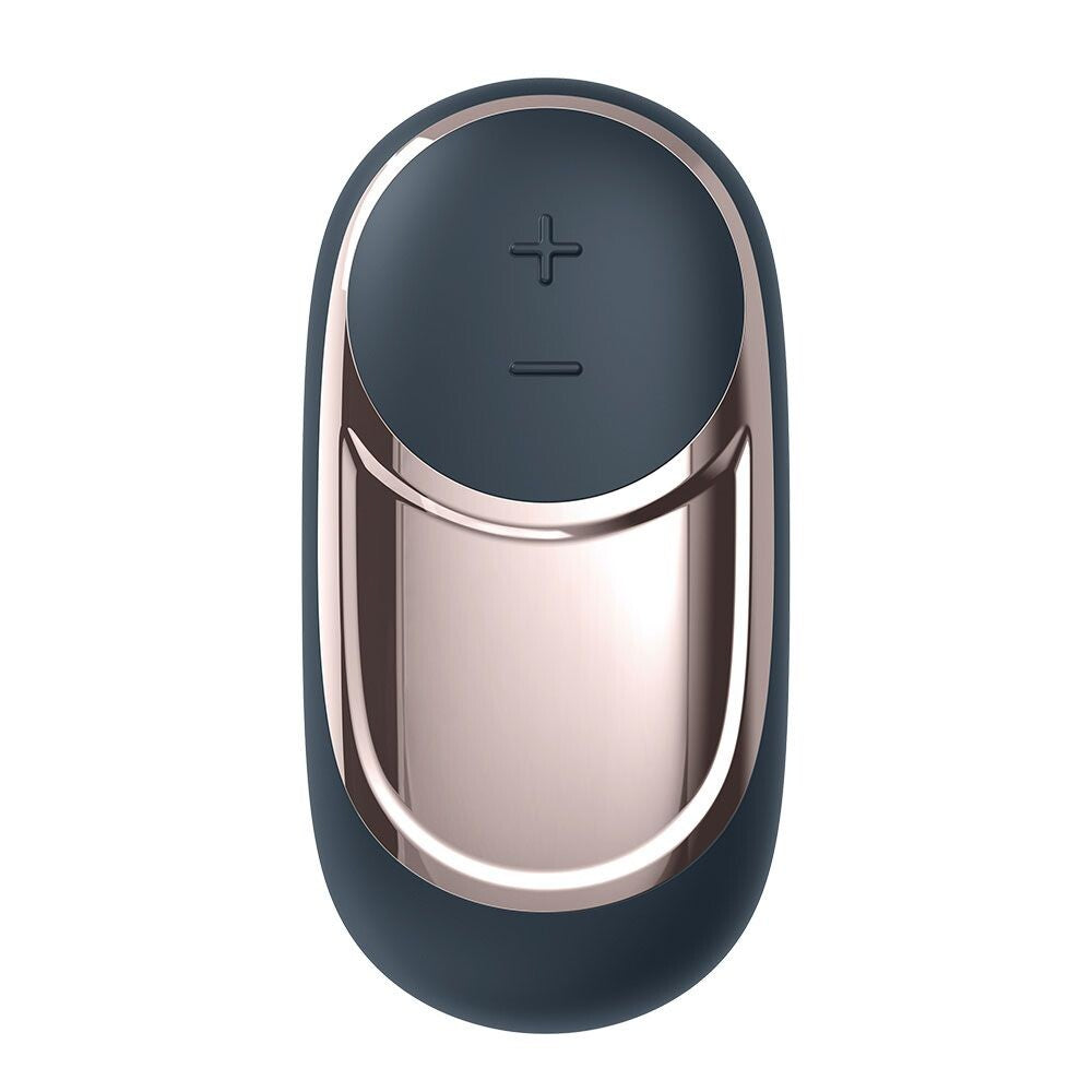 Blue and rose gold electronic device on a white background