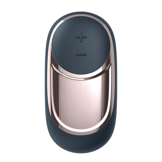 Blue and rose gold electronic device on a white background