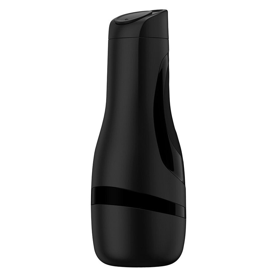 Black cylindrical container with a handle on a white background