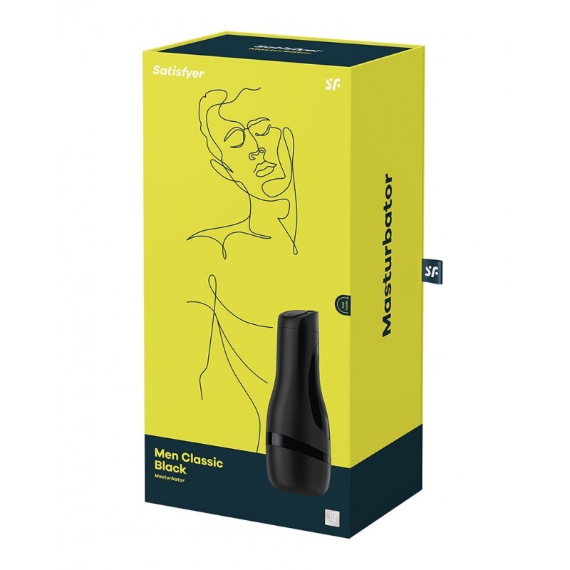 A black Satisfyer Men Classic Masturbator in its yellow packaging, featuring a minimalist line drawing of a male figure on the front.