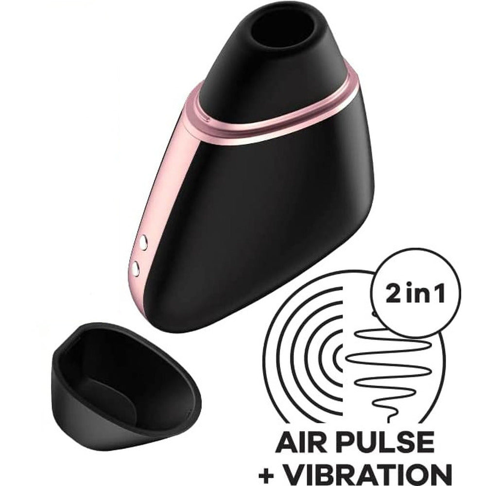 Black and rose gold electronic device with '2in1 Air Pulse + Vibration' feature on a white background