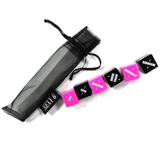 Packaging for the Sexy 6 Dice Foreplay Edition, displaying the box and the six black dice with white text and red accents.