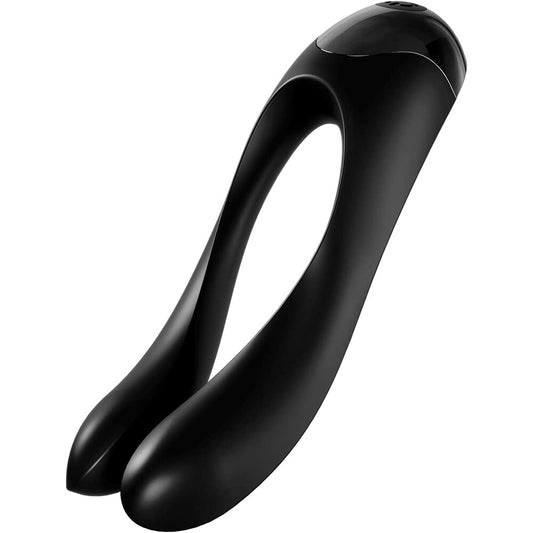 A black, flexible finger vibrator with a smooth, ergonomic shape and two power motors.