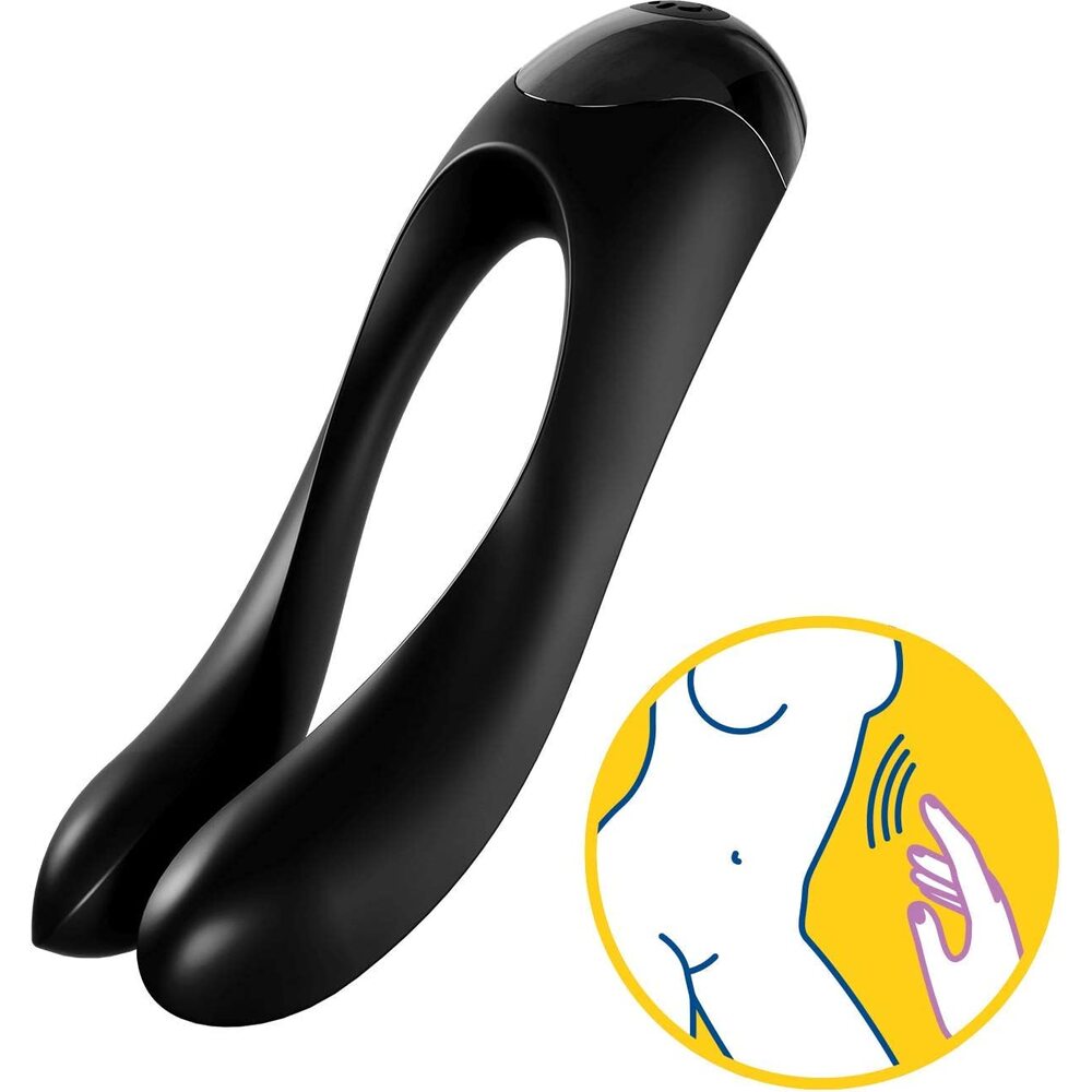 A black, flexible finger vibrator with a smooth, ergonomic shape and two power motors.