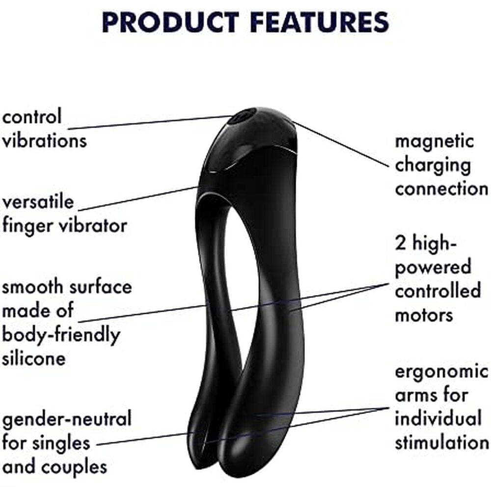 Black finger vibrator with labeled features on a white background
