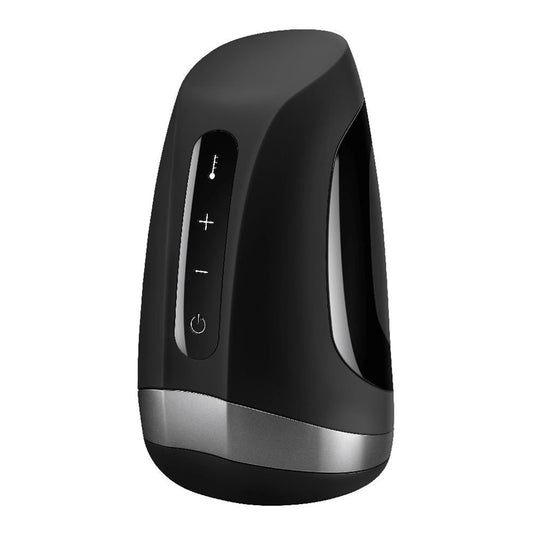 A black, sleek masturbator with a curved design, featuring a power button and intensity control buttons. It has a wide opening and a smooth, glossy finish.