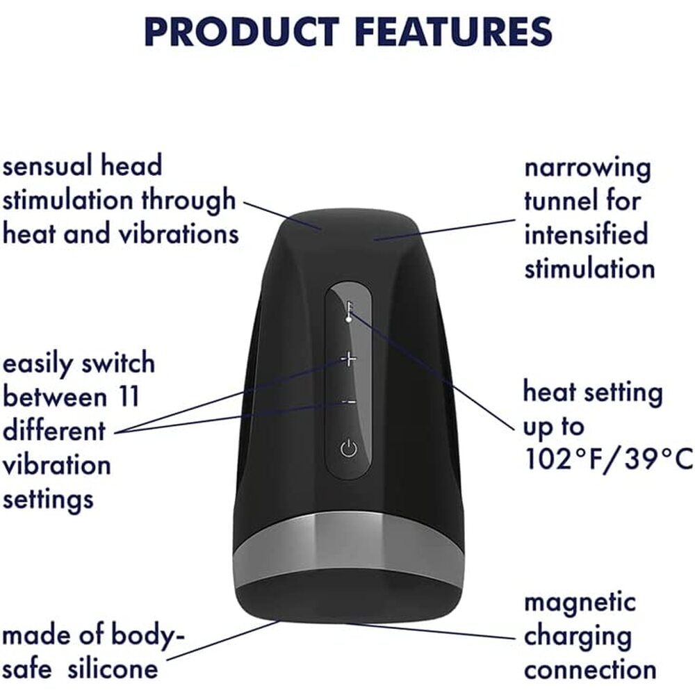 Black personal care device with feature labels on a white background