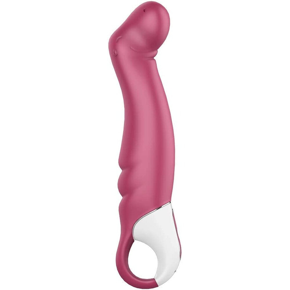 A pink and white Satisfyer Vibes Petting Hippo G-spot vibrator with a curved, voluminous tip and a flexible shaft. It has a smooth surface with ribbed details near the base and an integrated white control ring at the handle.