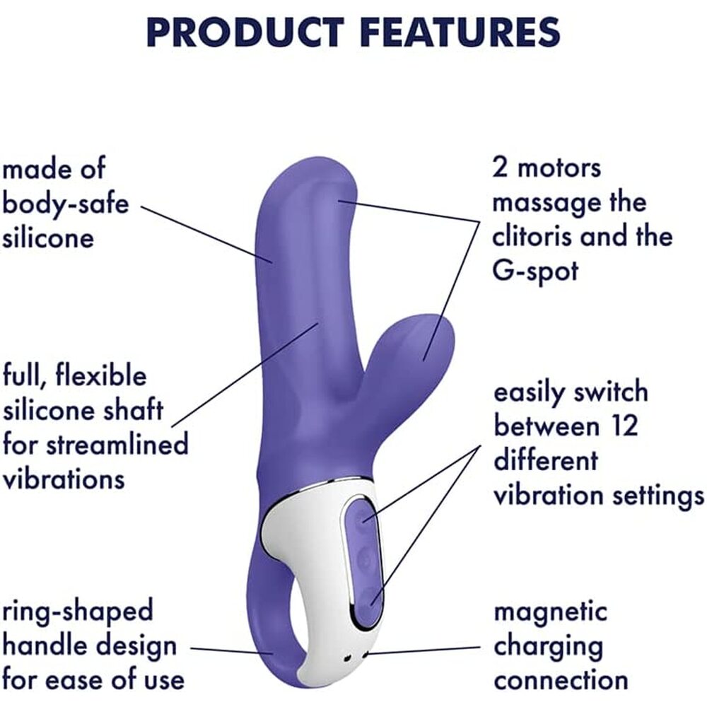 A purple and white Satisfyer Vibes Magic Bunny G-Spot Vibrator with a dual-action design, featuring a main shaft and a smaller clitoral stimulator.
