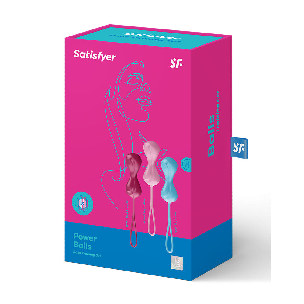 Satisfyer Power Balls packaging with pink and blue design on a white background