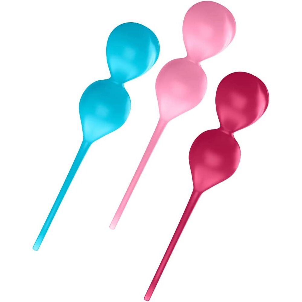 Three colorful balloon-shaped spoons on a white background