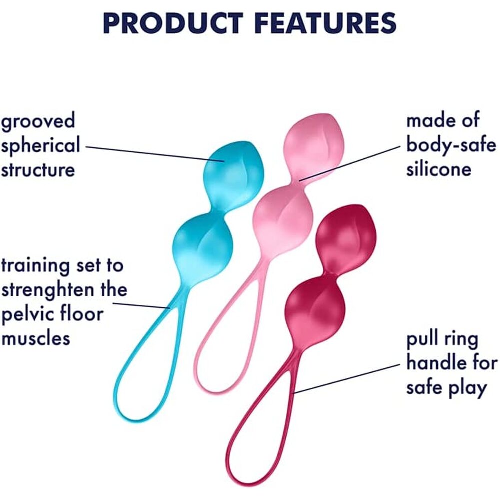 Three silicone toys in blue, pink, and red with text describing features on a white background