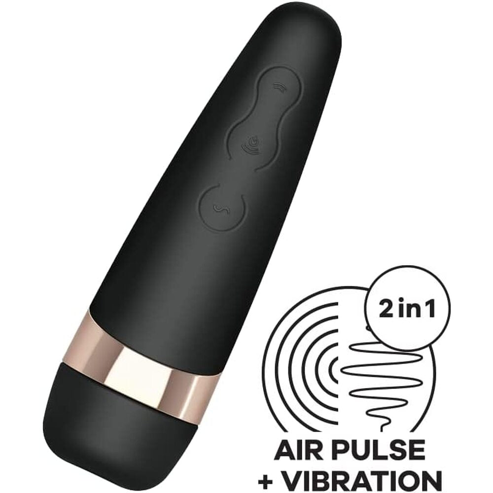 Black and rose gold electronic device with air pulse and vibration features on a white background
