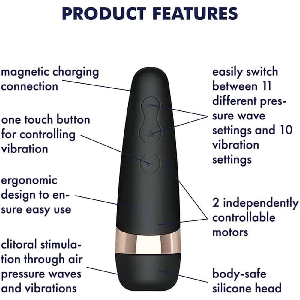 Black and rose gold product with features listed on a white background