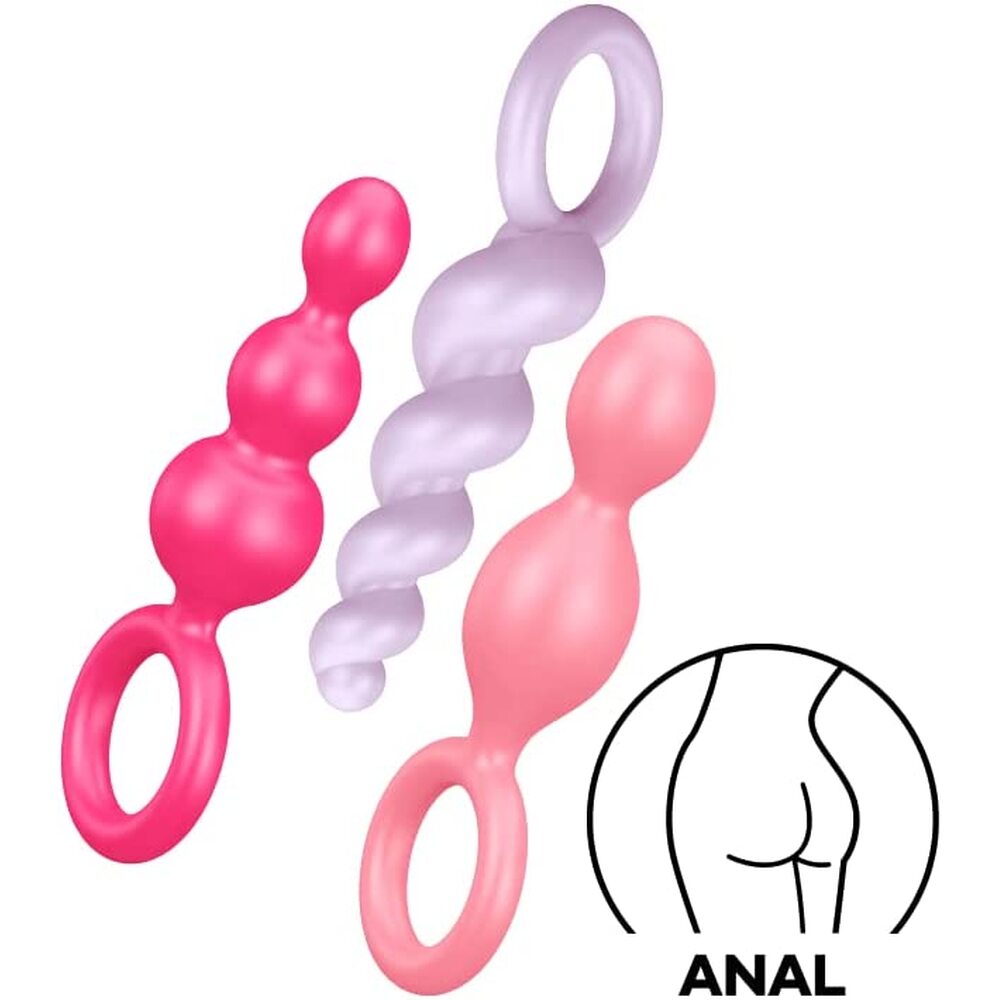 Three pink and purple silicone anal toys on a white background with a black outline of a butt.