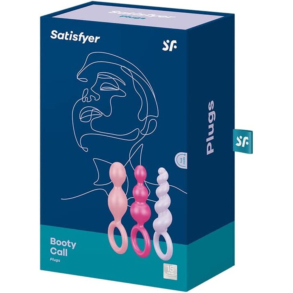 Satisfyer product packaging with three pink and white silicone plugs on a blue background