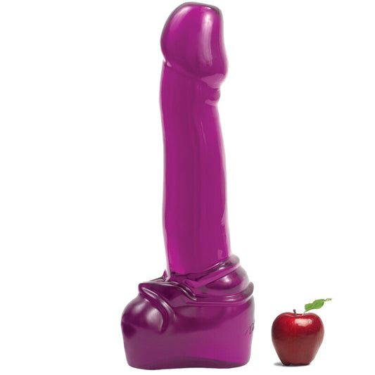 Purple toy with a small red apple on a white background
