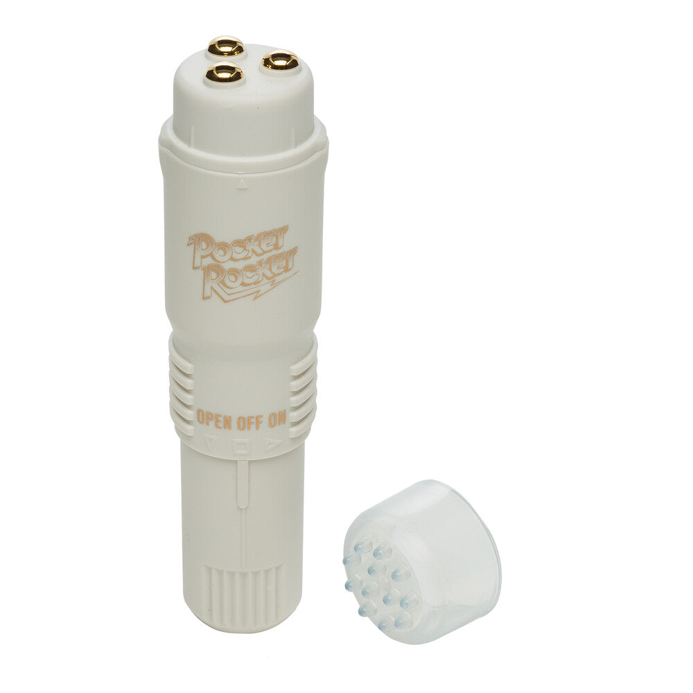 A small, white, cylindrical mini vibrator with a controller and a removable head, displayed against a white background.