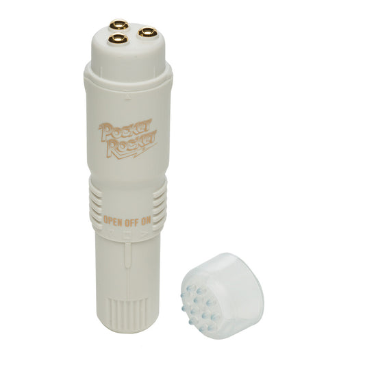 A small, white, cylindrical mini vibrator with a controller and a removable head, displayed against a white background.