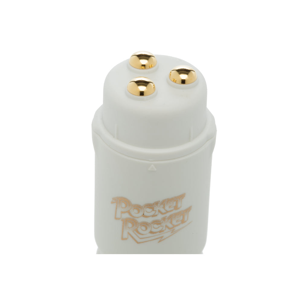 A small, white, cylindrical mini vibrator with a controller and a removable head, displayed against a white background.
