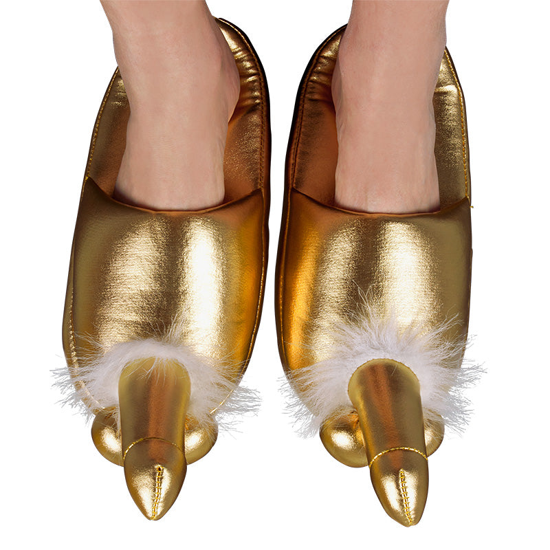 The image shows a pair of gold penis slippers, designed to fit up to size 42, with a white fluffy tip. The slippers are made of polyester and are intended for both men and women.