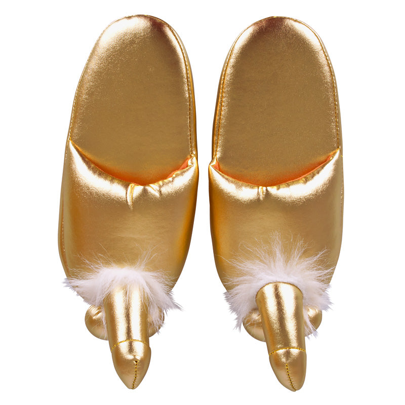 The image shows a pair of gold penis slippers, designed to fit up to size 42, with a white fluffy tip. The slippers are made of polyester and are intended for both men and women.