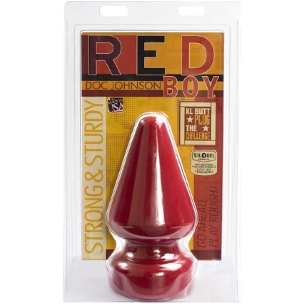 Red butt plug in packaging with 'Doc Johnson' branding on a white background