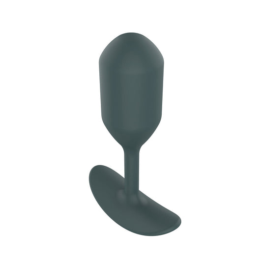Dark gray silicone butt plug on a white background