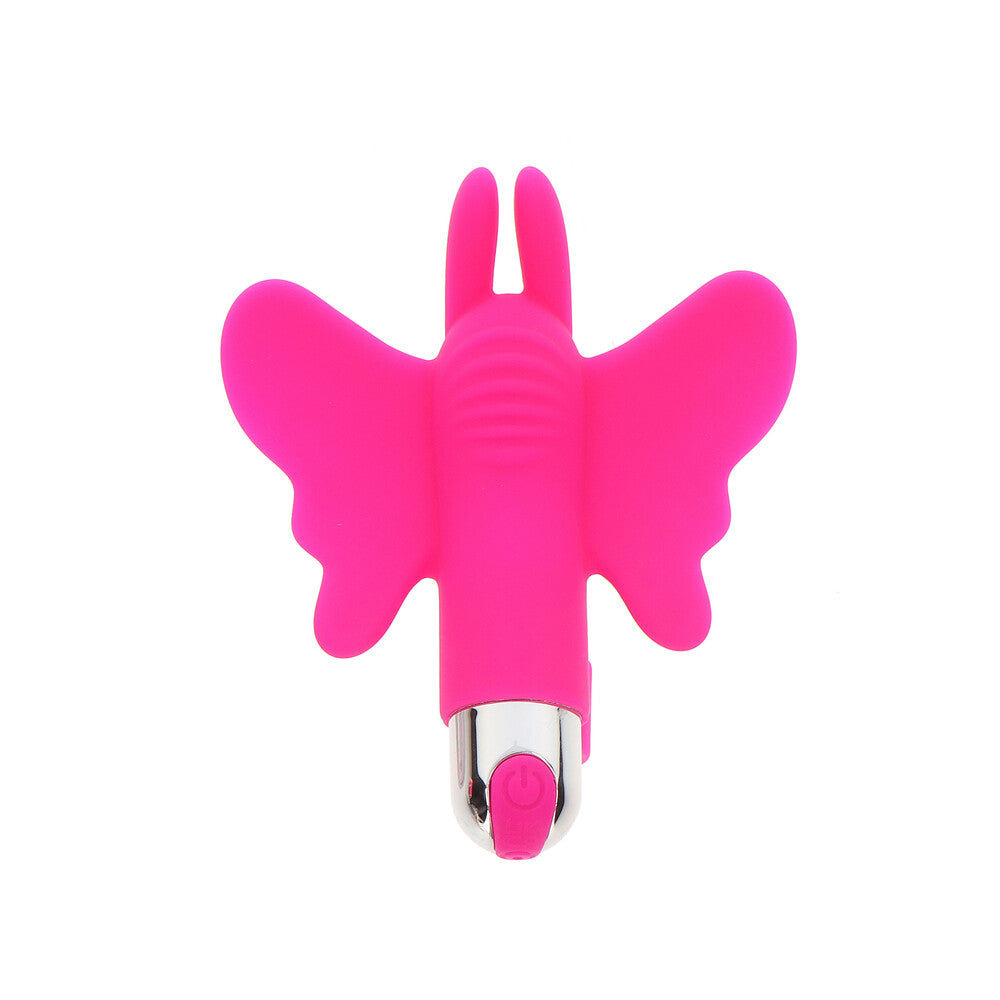 A pink, butterfly-shaped rechargeable finger vibrator with a smooth surface and a small USB rechargeable base.
