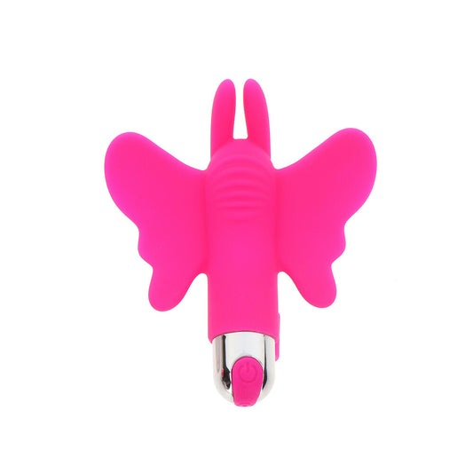 A pink, butterfly-shaped rechargeable finger vibrator with a smooth surface and a small USB rechargeable base.