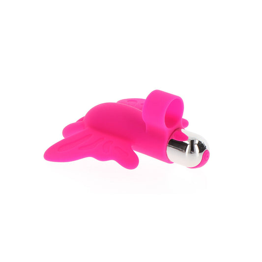 A pink, butterfly-shaped rechargeable finger vibrator with a smooth surface and a small USB rechargeable base.