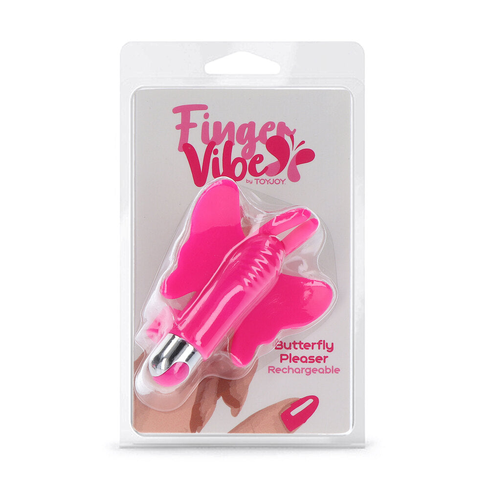 A pink, butterfly-shaped rechargeable finger vibrator with a smooth surface and a small USB rechargeable base.