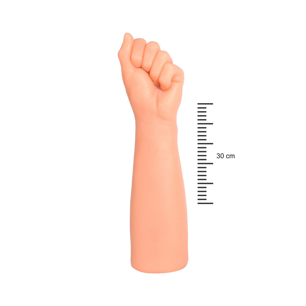 Realistic silicone arm model with a measurement scale on a white background