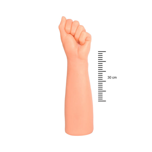 Realistic silicone arm model with a measurement scale on a white background