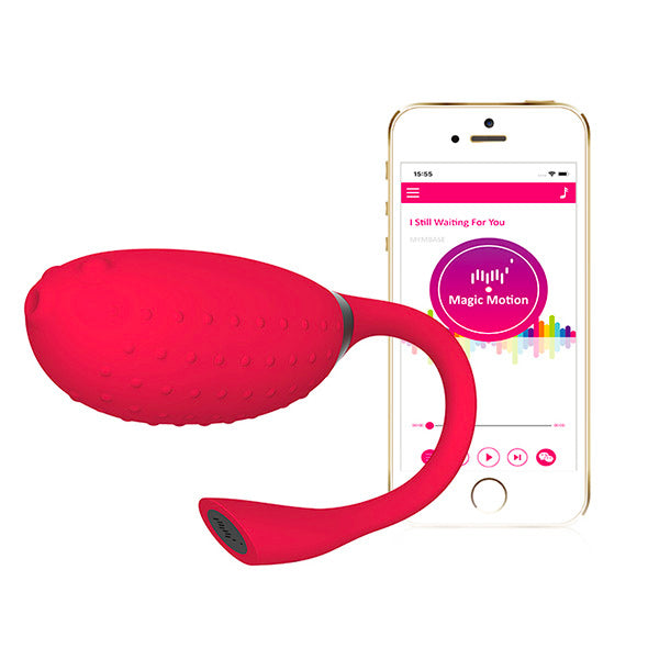 A red clitoral vibrator with a remote control, showing the product being controlled by a smartphone app.