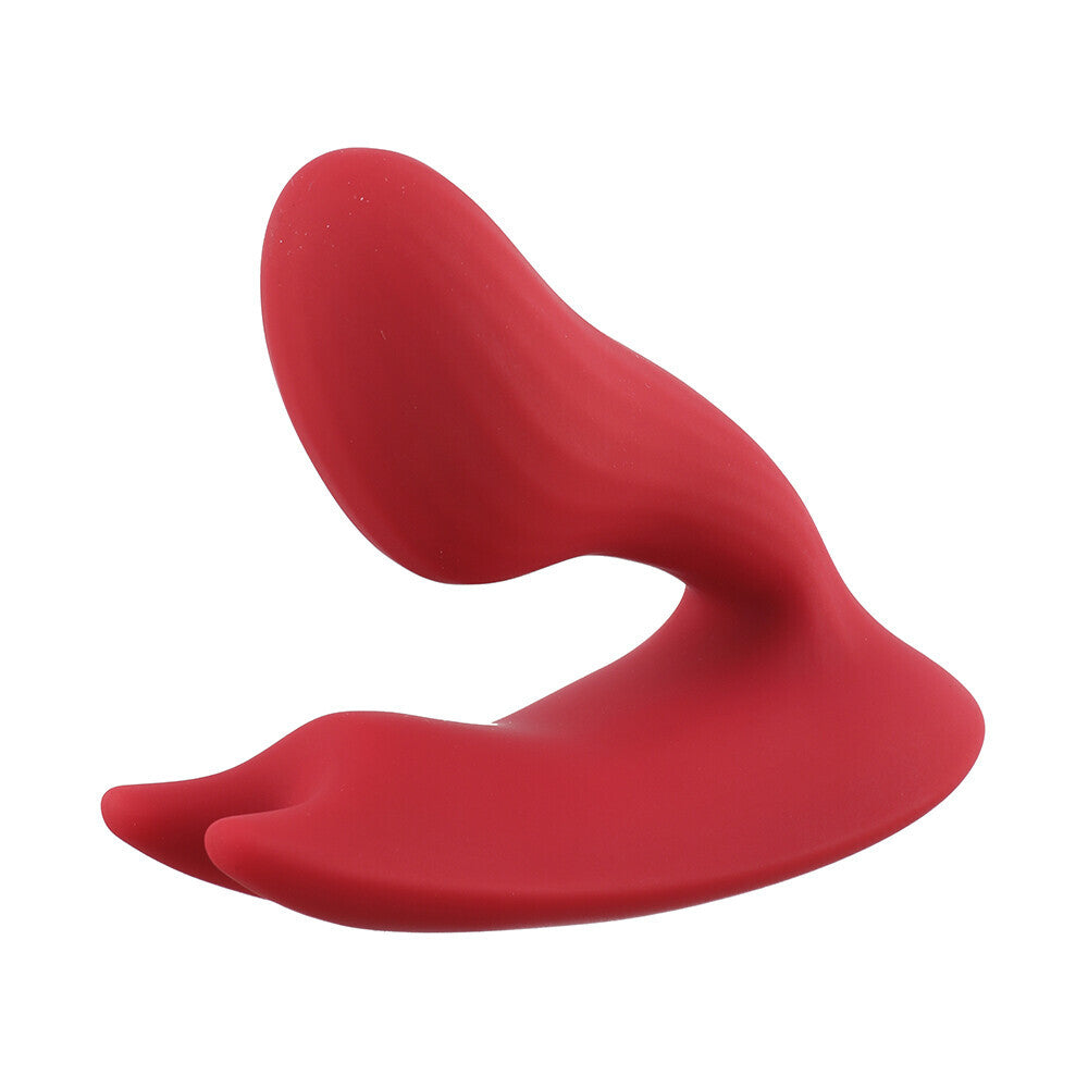 A red, U-shaped wearable clock vibrator designed for dual motor clitoral and vaginal stimulation.