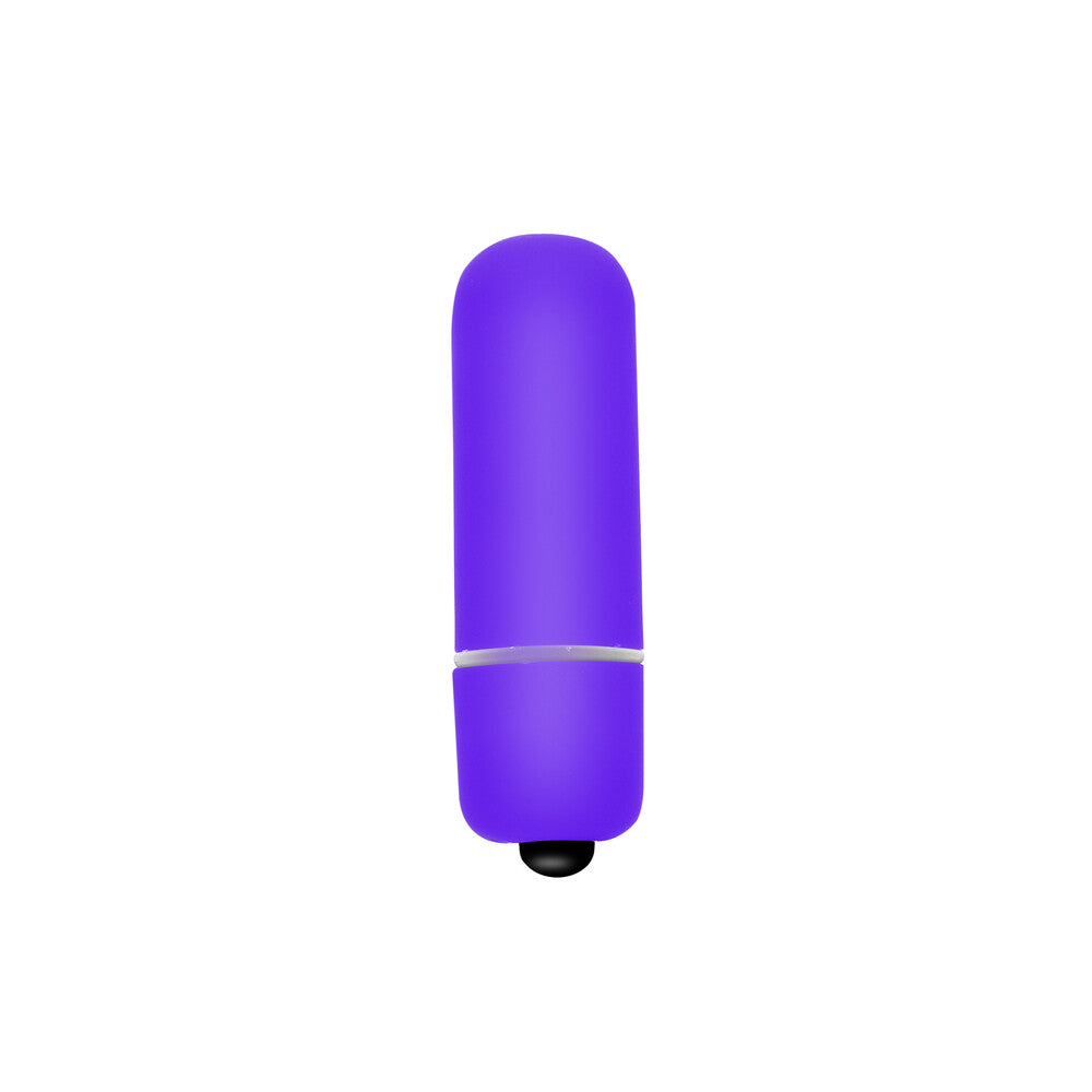A small, purple bullet vibrator with a sleek and simple design, showing the vibrator's body and a small black button at the base.