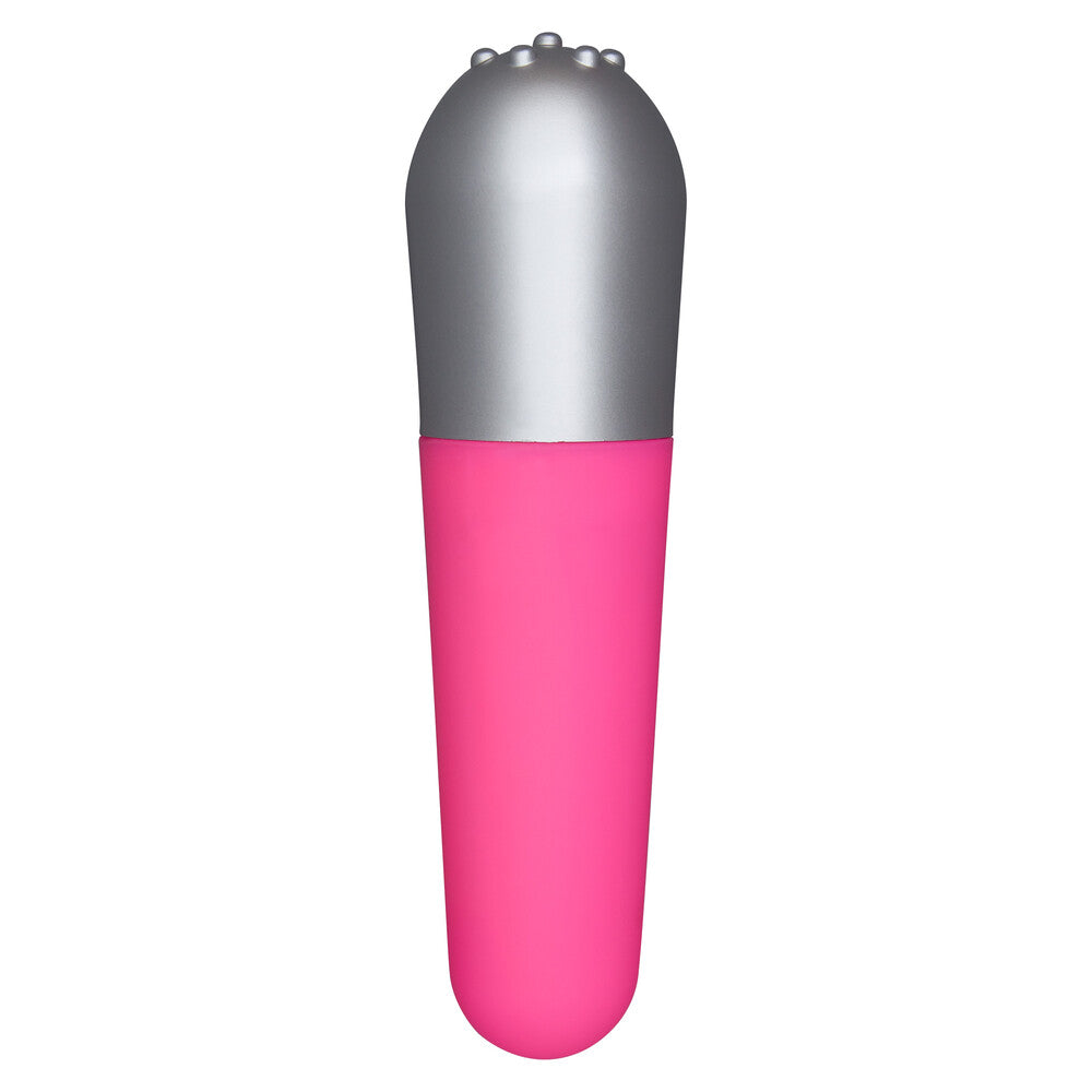 A pink and silver mini vibrator with a smooth surface and a bullet-shaped design.