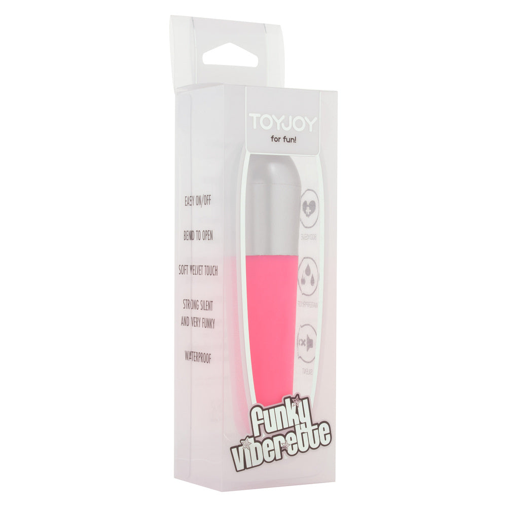 A pink and silver mini vibrator with a smooth surface and a bullet-shaped design.