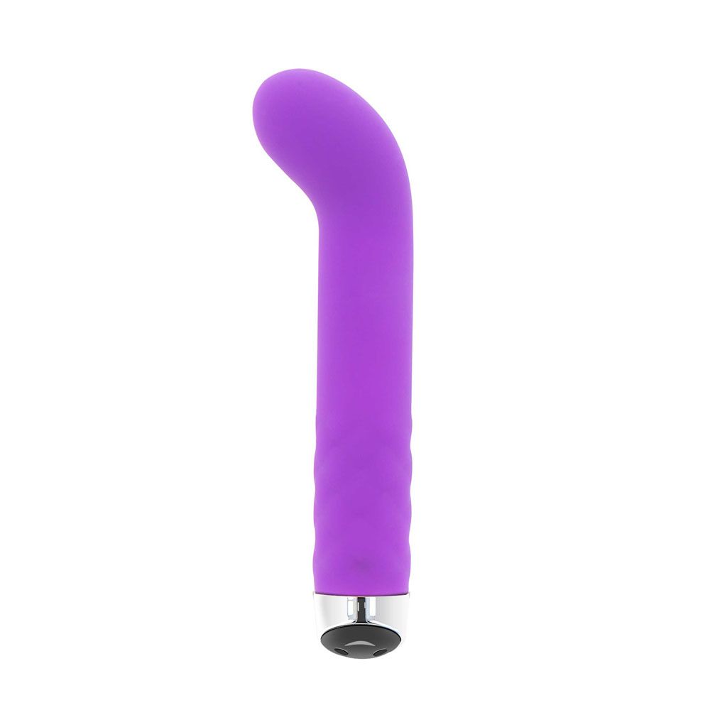 A purple, curved vibrator with a smooth surface and a small button at the base. The device looks sleek and compact.