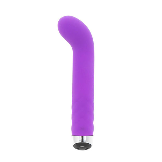 A purple, curved vibrator with a smooth surface and a small button at the base. The device looks sleek and compact.