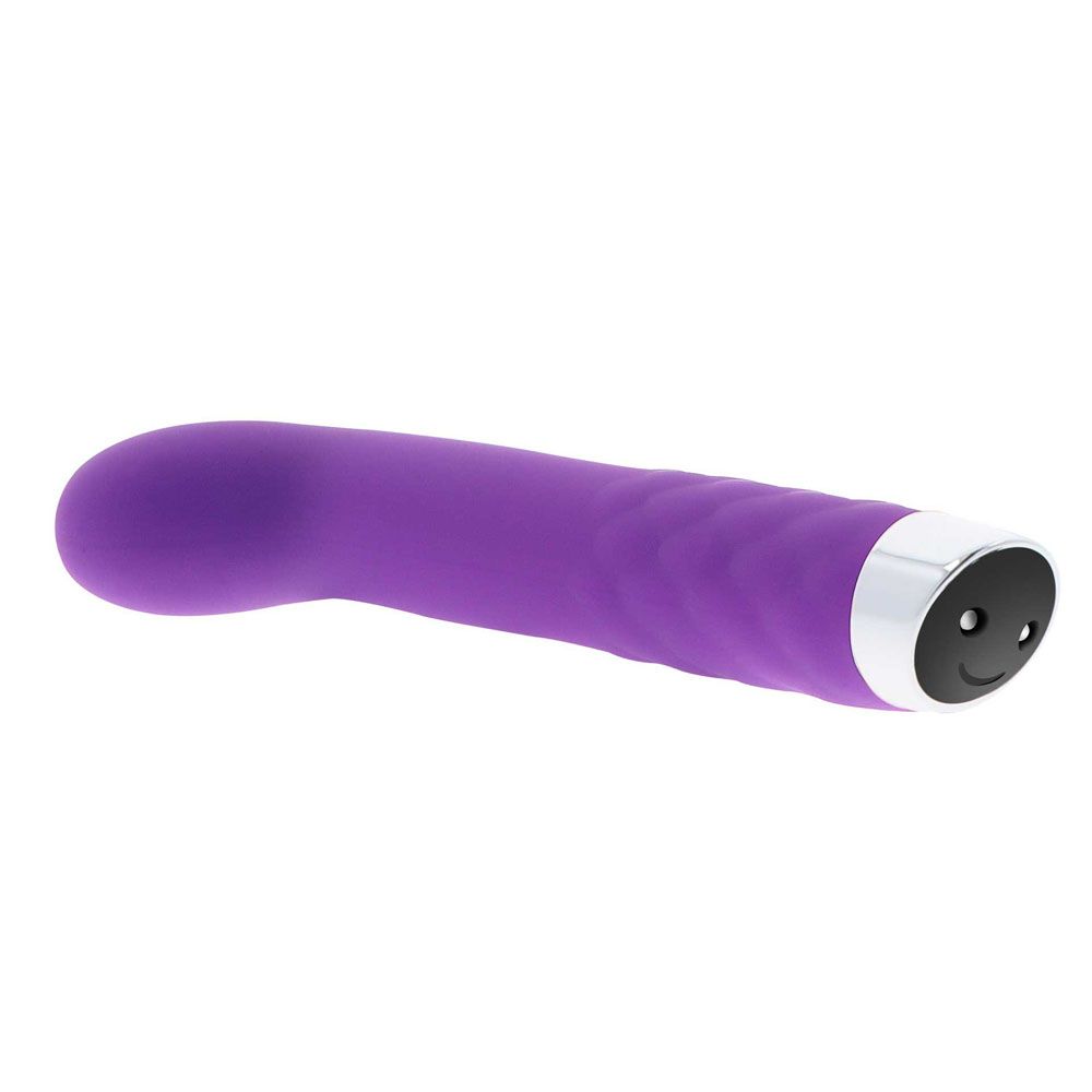 A purple, curved vibrator with a smooth surface and a small button at the base. The device looks sleek and compact.