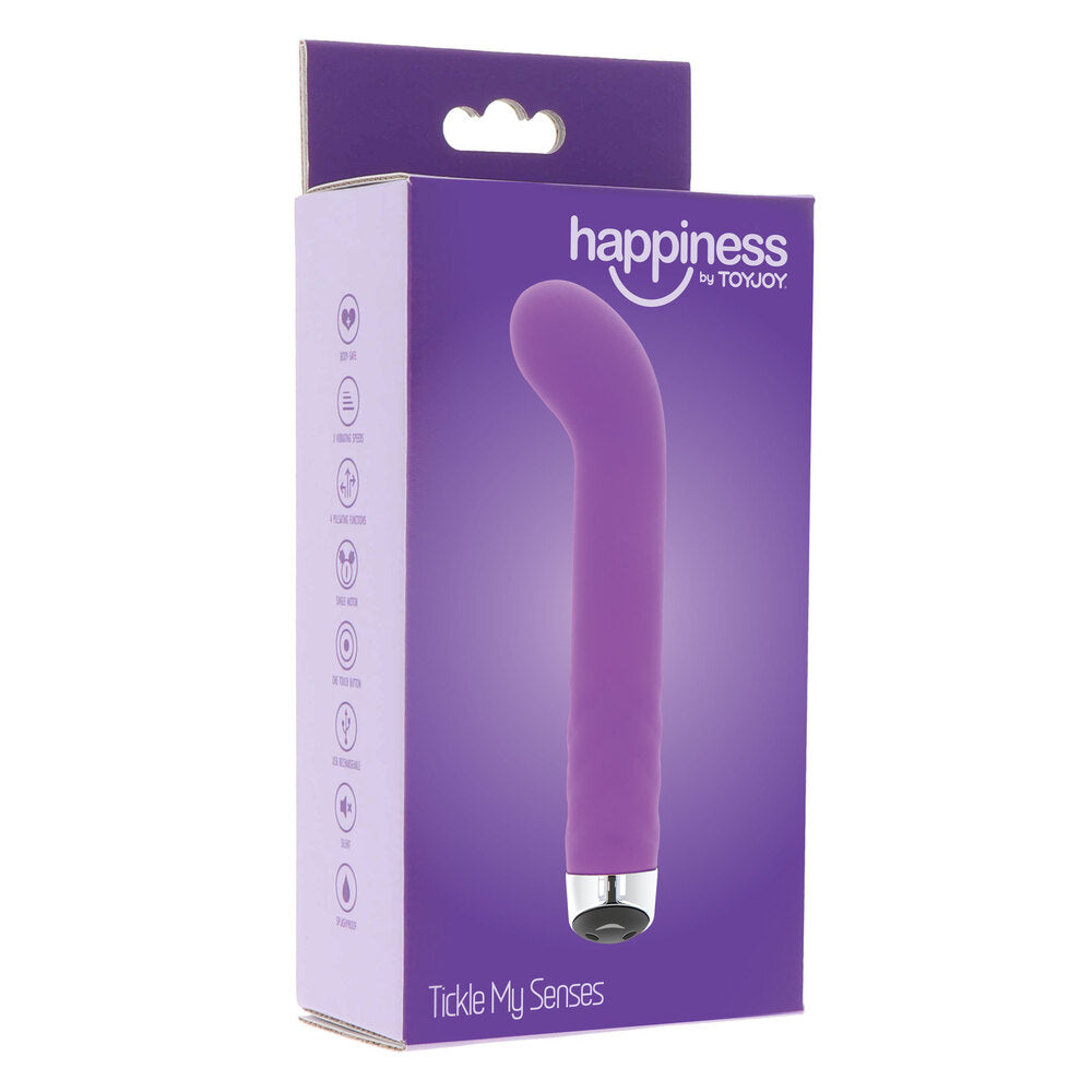 A purple, curved vibrator with a smooth surface and a small button at the base. The device looks sleek and compact.
