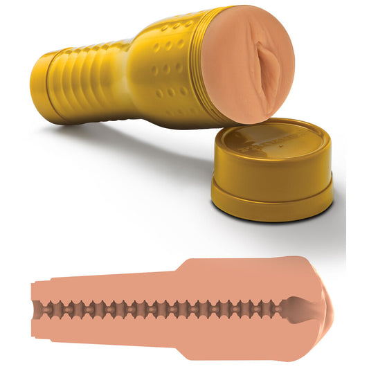 A flesh-colored masturbator tube with realistic texture, shown disassembled with the end cap off to reveal the interior. The device appears to be made of smooth, skin-safe rubber.