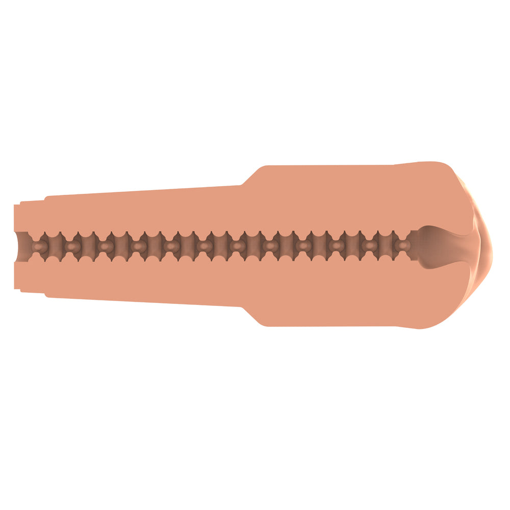 A flesh-colored masturbator tube with realistic texture, shown disassembled with the end cap off to reveal the interior. The device appears to be made of smooth, skin-safe rubber.