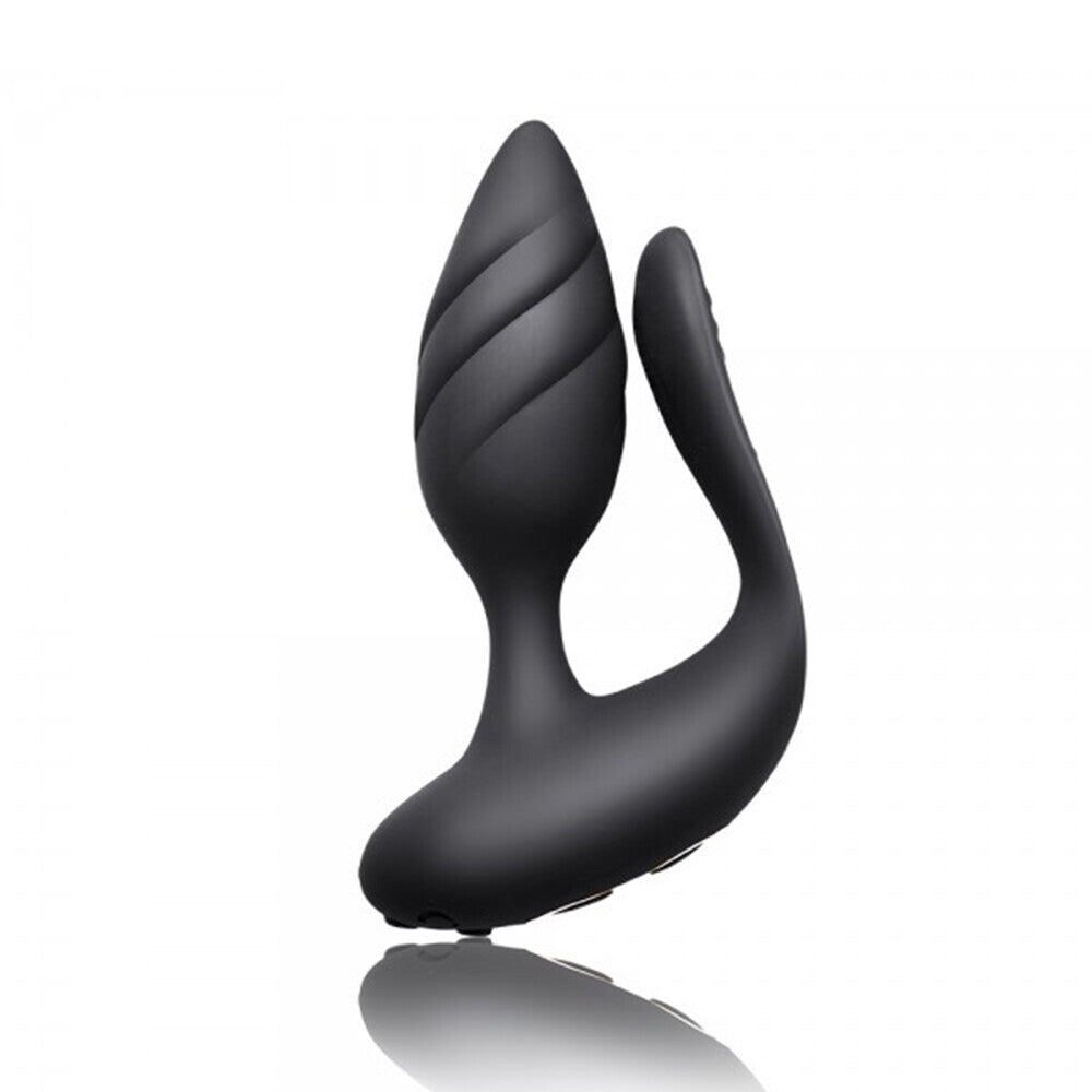 A black, dual-motor vibrator with a curved and ribbed design, featuring a slim neck and a firm contoured base.