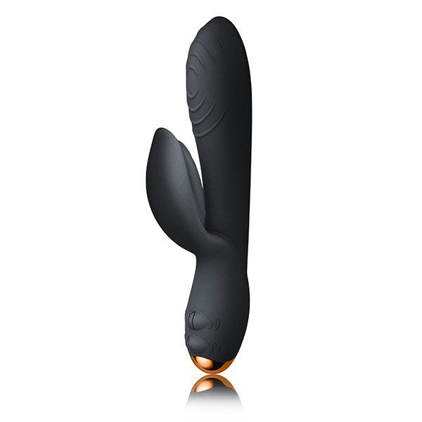 A sleek black rabbit vibrator with a dual independent motor, designed for clitoral stimulation and shaft pleasure. The device has a smooth, streamlined shape and a velvet soft texture.