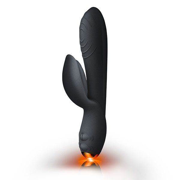 A sleek black rabbit vibrator with a dual independent motor, designed for clitoral stimulation and shaft pleasure. The device has a smooth, streamlined shape and a velvet soft texture.